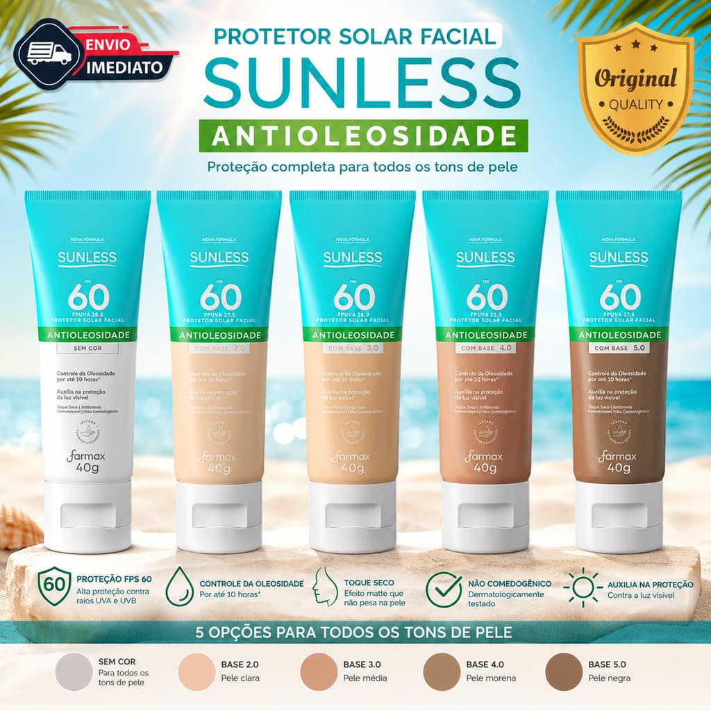 Protetor Solar Facial Sunless FPS 60 40g Antioleosidade Efeito Matte com Cor 2.0 3.0 4.0 5.0 ou Sem Cor