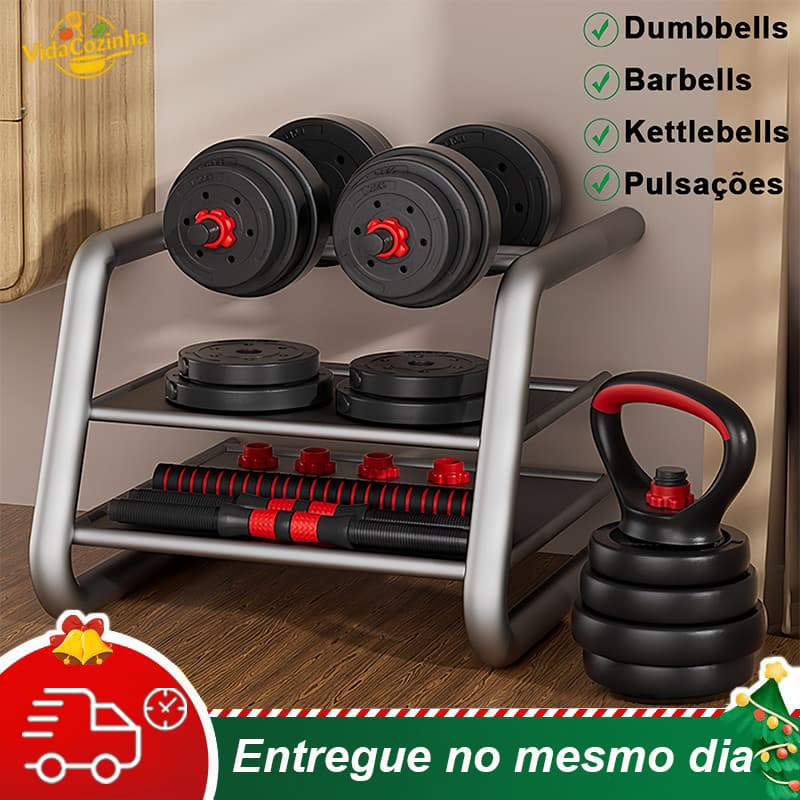Kit Halteres Barra Kettlebell 6 em 1 Ajustável 15kg Musculação Treino Casa