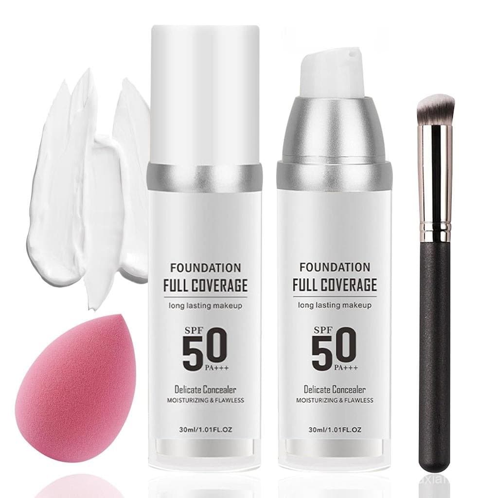 Conjunto de 2 Peças de Base de Maquiagem com Mudança de Cor, com Pincel e Esponja de Maquiagem, Base Líquida com Cobertu