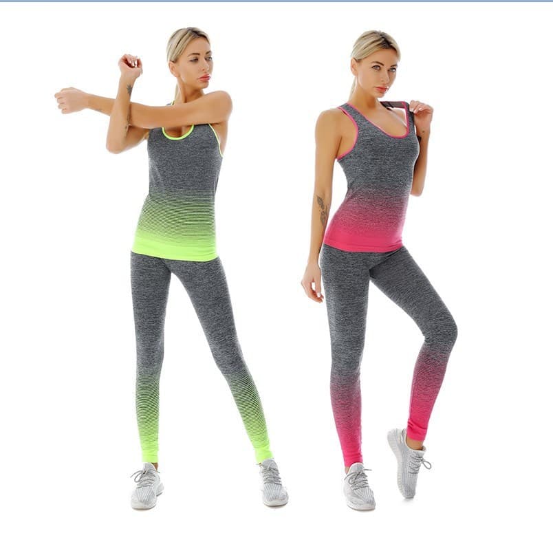 [] Roupa de Fitness feminina Super elástica cor gradiente colete longo calças até o tornozelo roupas esportivas Yoga wea