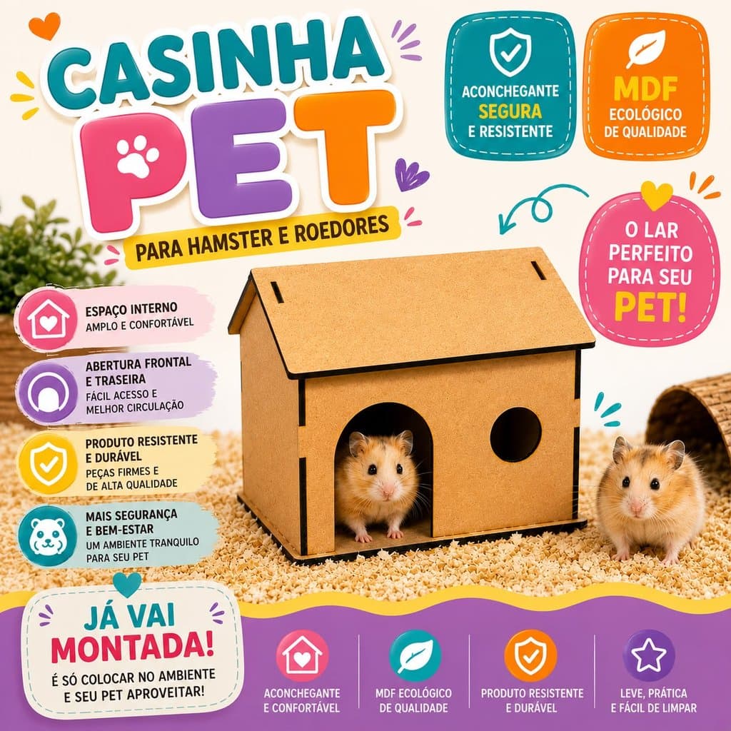 Casa Toca Hamster em MDF Casinha para Roedores Abrigo Pet Resistente Pronta para Usar