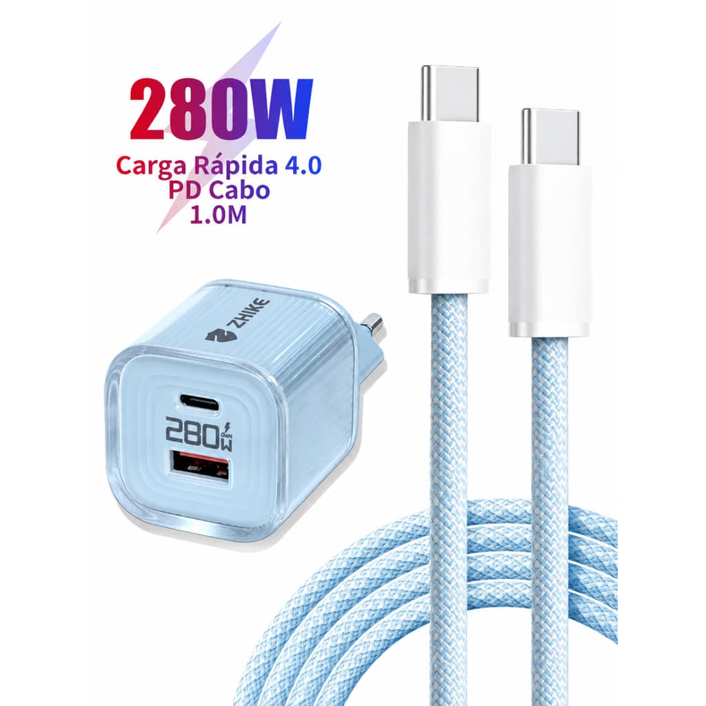ZHIKE Original Kit Carregador 280W PD Cabo Celular Carregamento Rápido GaN Tipo C Para Tipo C 1M Nylon Trançado