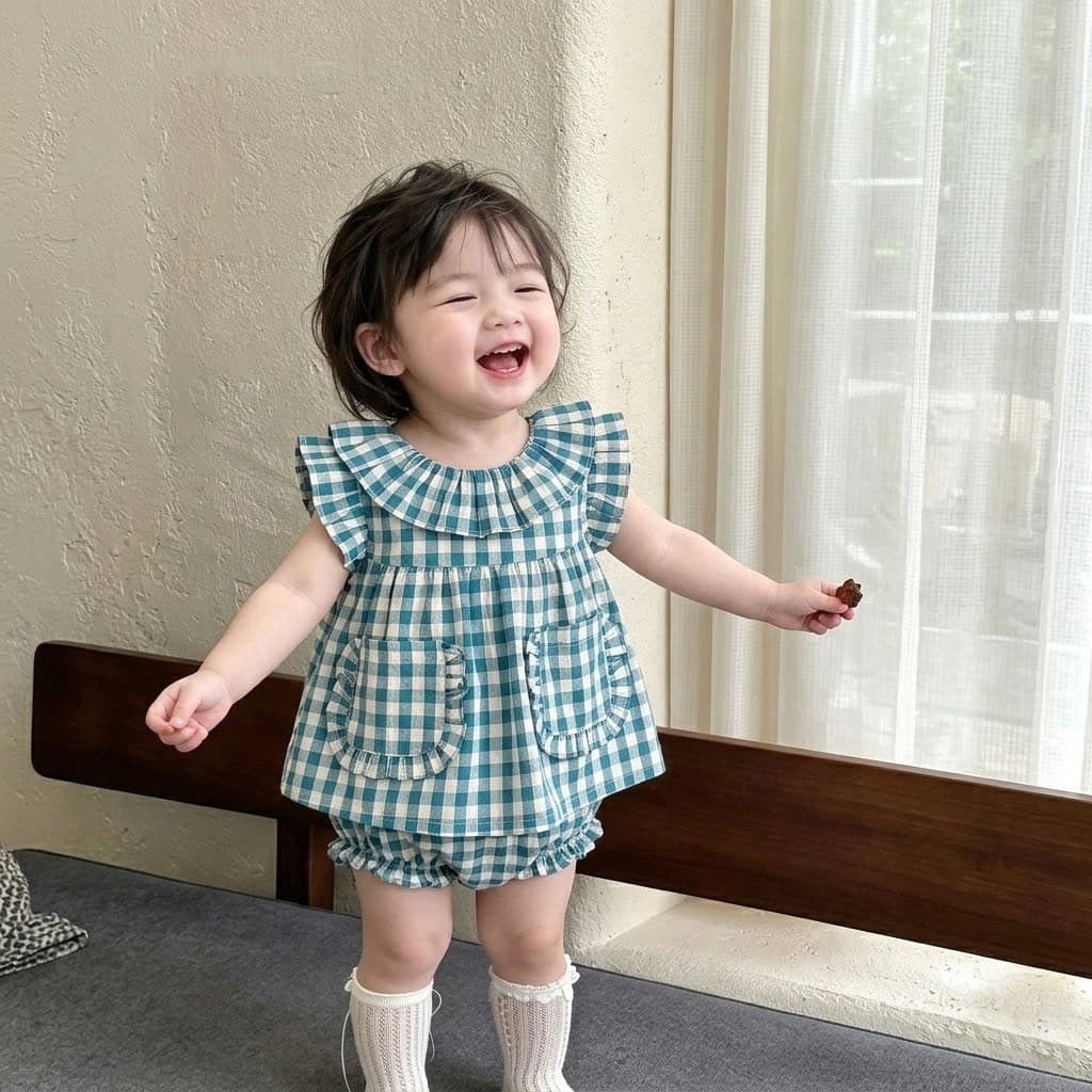 Bebê menina verão terno versão coreana roupas de bebê roupas de verão bonito menina de manga curta calças xadrez de duas