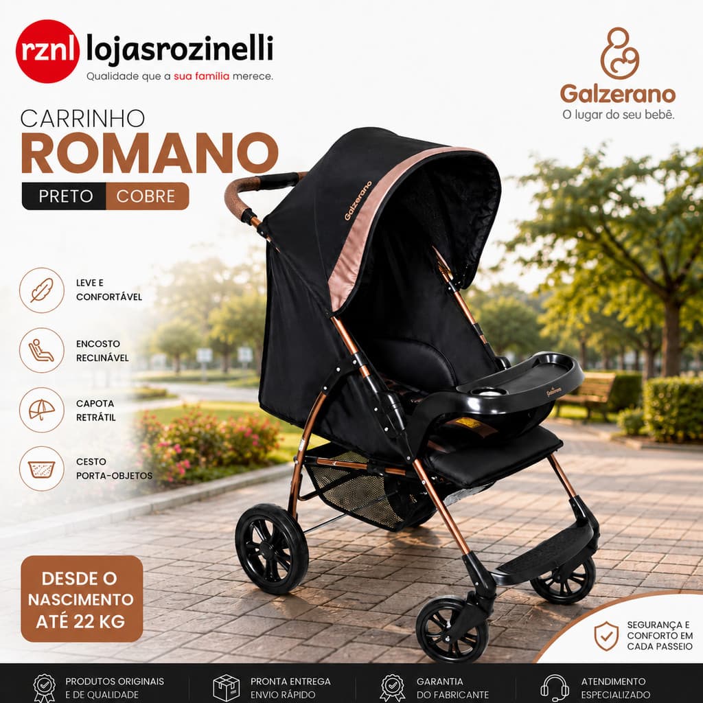 Carrinho de Bebê Galzerano Romano Conforto e Praticidade Até 22 kg Preto Cobre