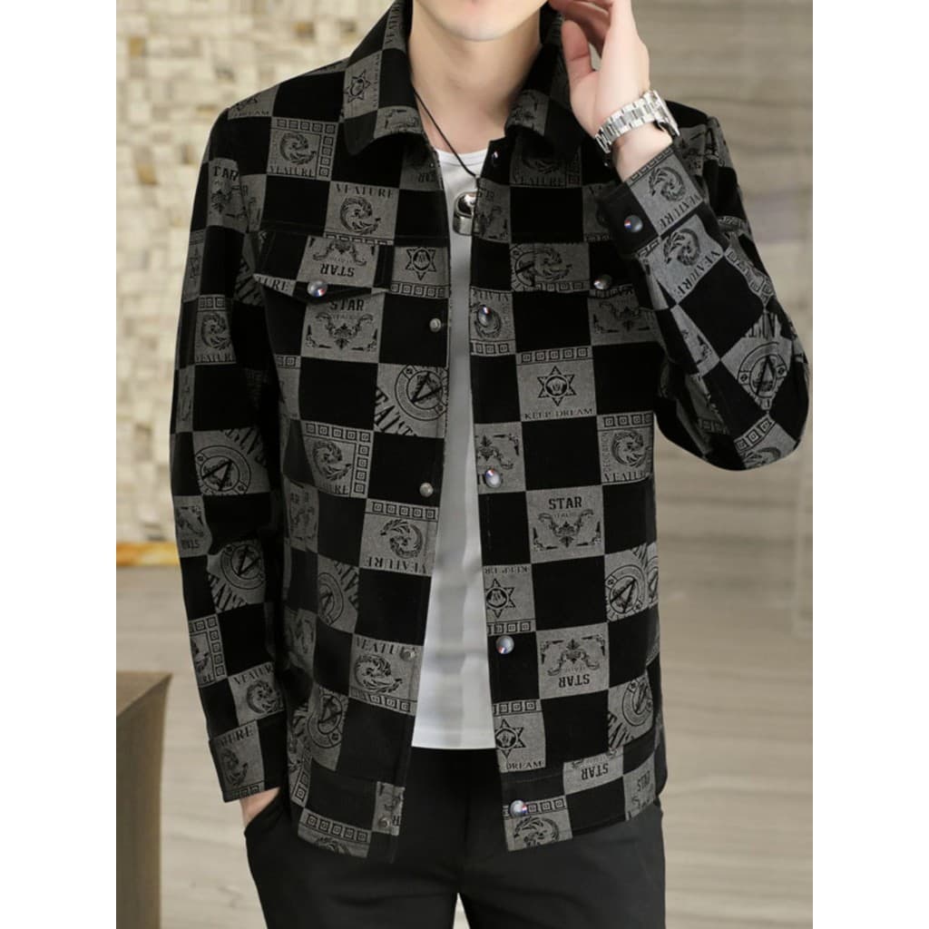 Jaqueta masculina primavera outono na moda Casual xadrez lapela jaqueta masculina Street Wear jaqueta de veludo outono t