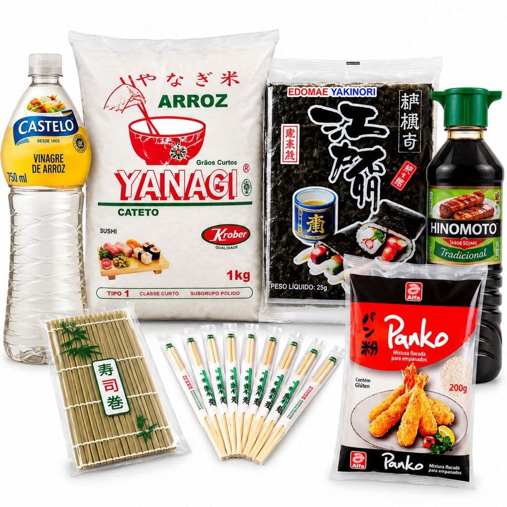 Kit para Sushi Completo com Arroz, Nori, Esteira, Vinagre, Shoyu, Hashi e Panko
