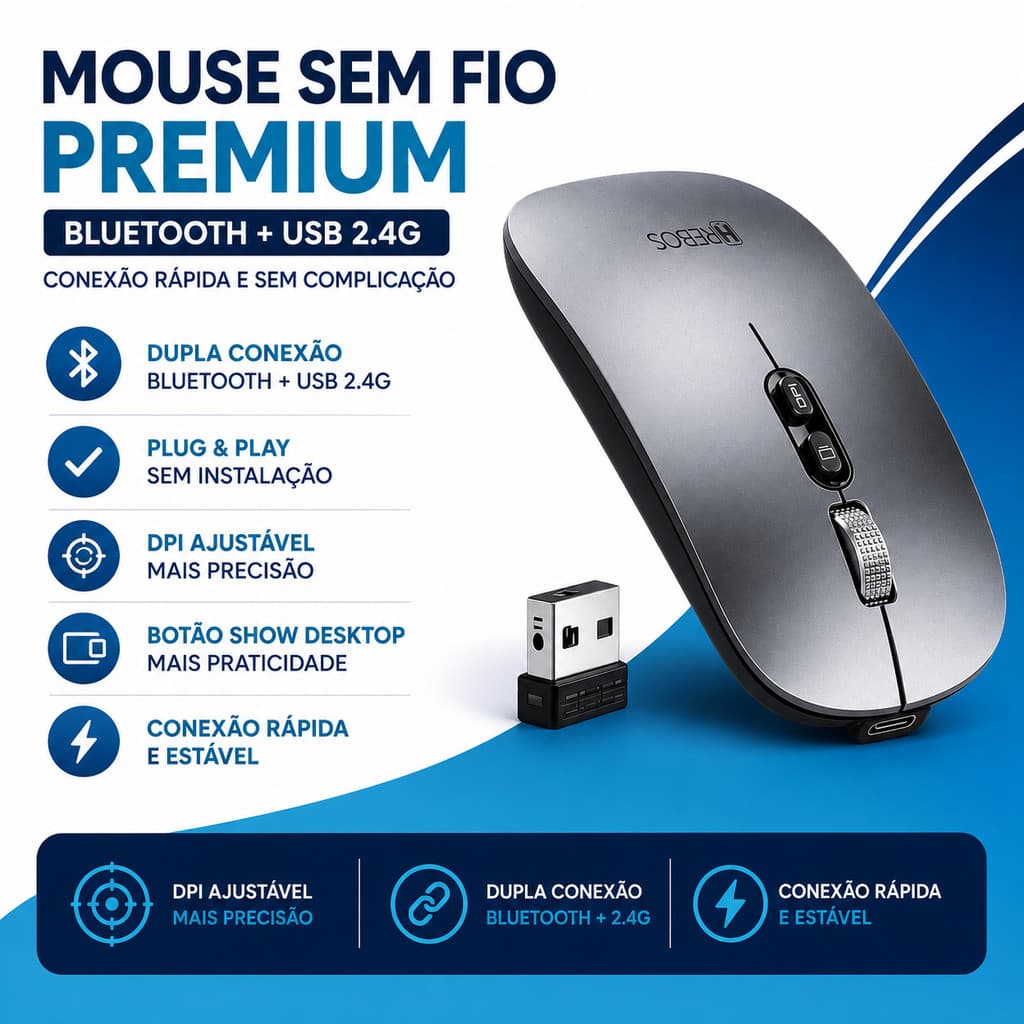 Mouse Sem Fio Recarregável Bluetooth ou Pino USB 1600 DPI Macbook Note Tablet Android iOS Windows
