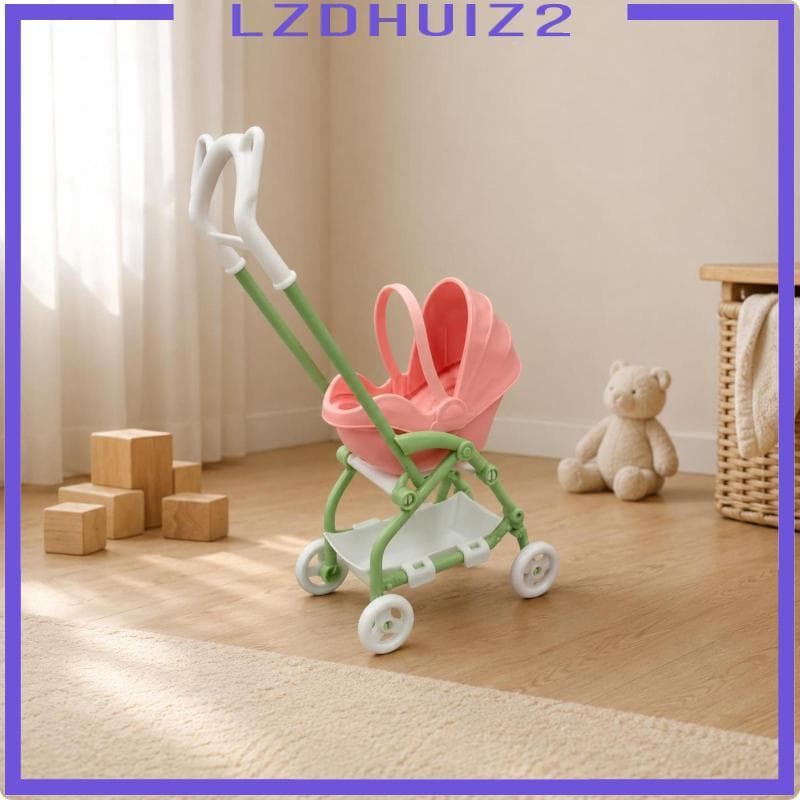 [Lzdhuiz2] Carrinho De Boneca Dobrável Leve , Mini Brinquedo Compacto , Bebê Rosa , Estrutura Verde