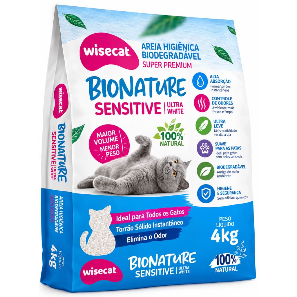Areia Para Gatos Wisecat Bionature Sensitive 4kg  Areia Sanitária com Controle de Odores