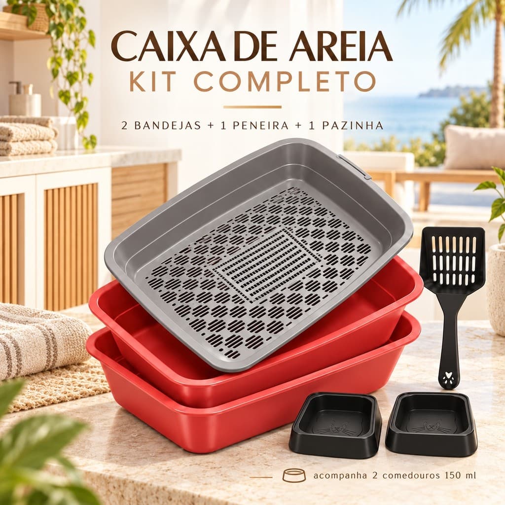 Conjunto Caixa de Areia para Gatos com Peneira e Pazinha Bandeja Higiênica Sanitária 3 em 1
