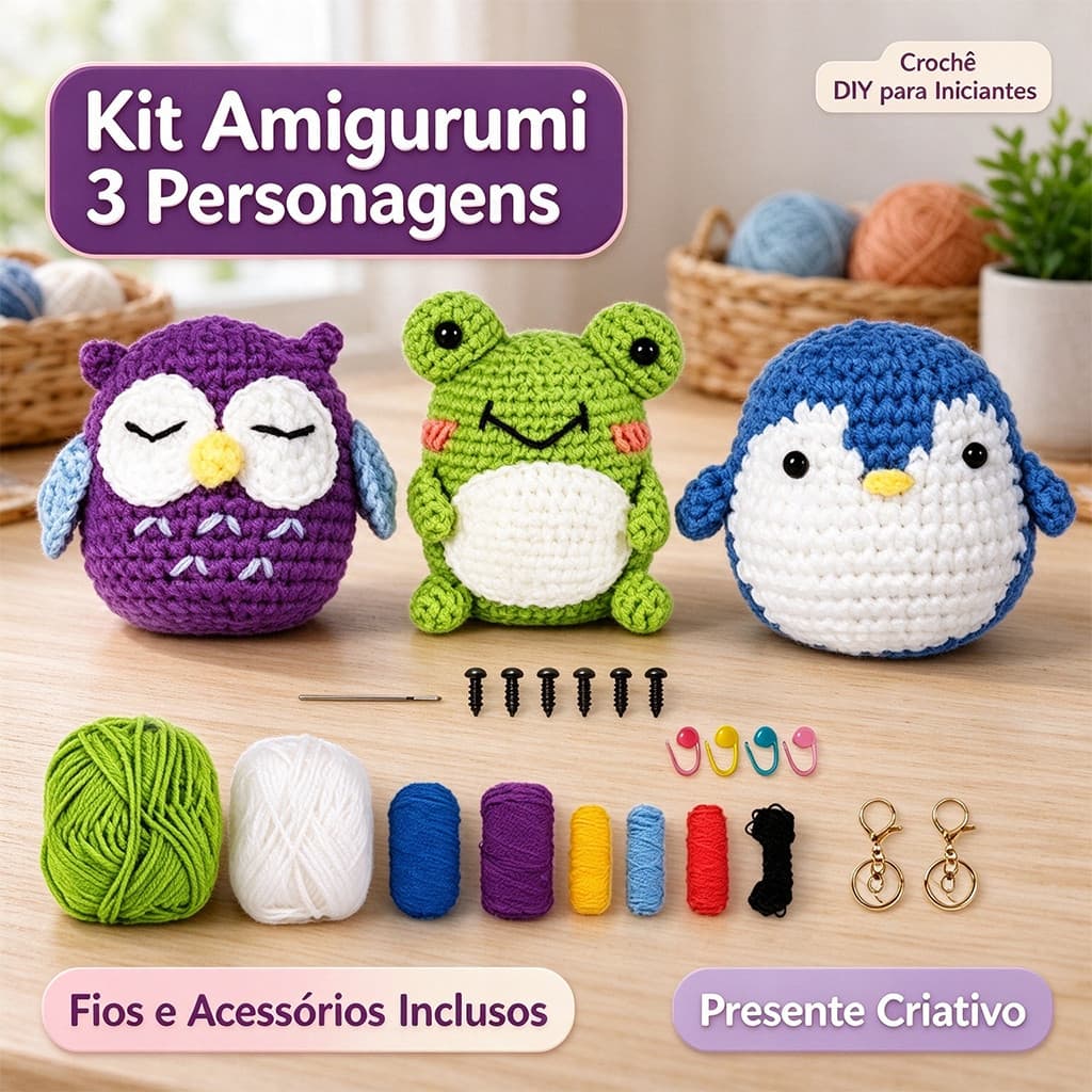 Kit Crochê Amigurumi DIY para Iniciantes, 3 Personagens Coruja Sapo Pinguim