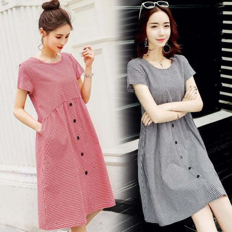 Plus Size vestido xadrez de verão feminino 2026 novo estilo de manga curta comprimento médio solto verão Casual vestido 