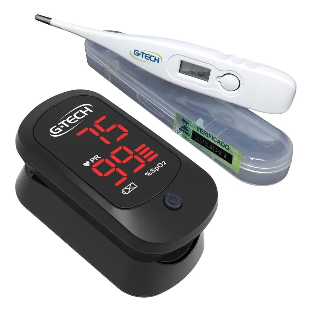 Kit Saúde G-Tech Oxímetro de Dedo Saturação Oxigênio SpO2 + Termômetro Digital Aviso Sonoro
