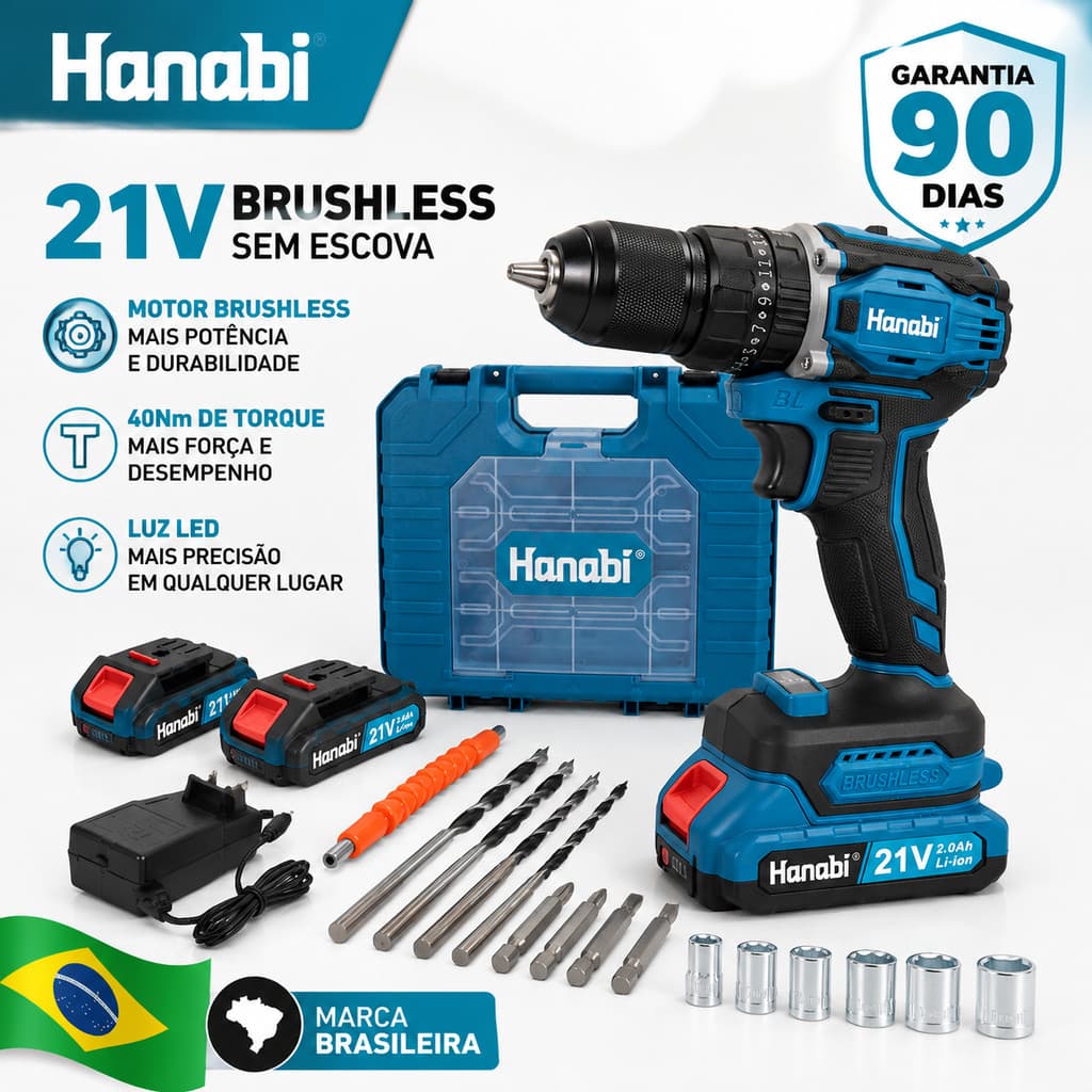 【Hanabi】Parafusadeira Furadeira 21V Brushless Sem Fio 2 Baterias 40Nm Bivolt Impacto Profissional Ki