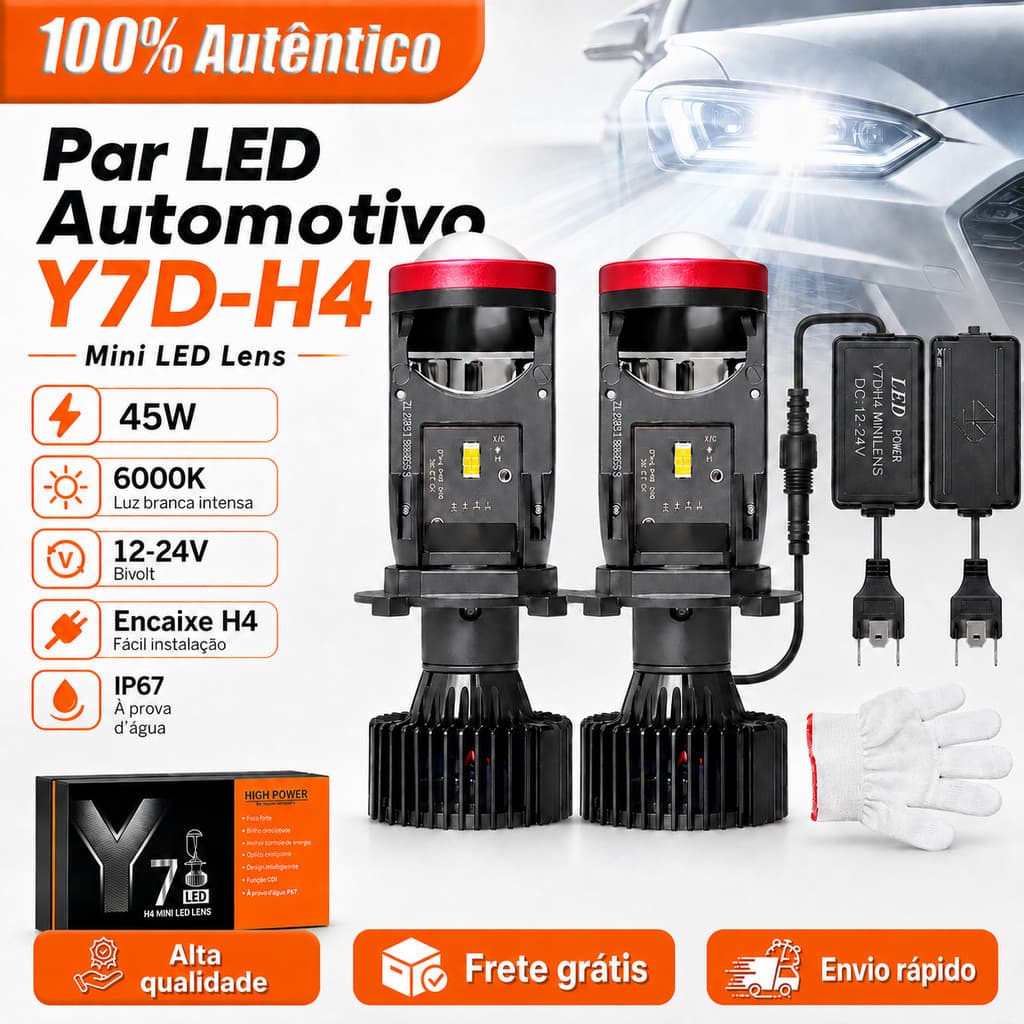 2PC Faróis LED Y7 H4 180W 30000LM - Projetor Mini 6500K Alto/Baixo - Compatível Carros/Motos