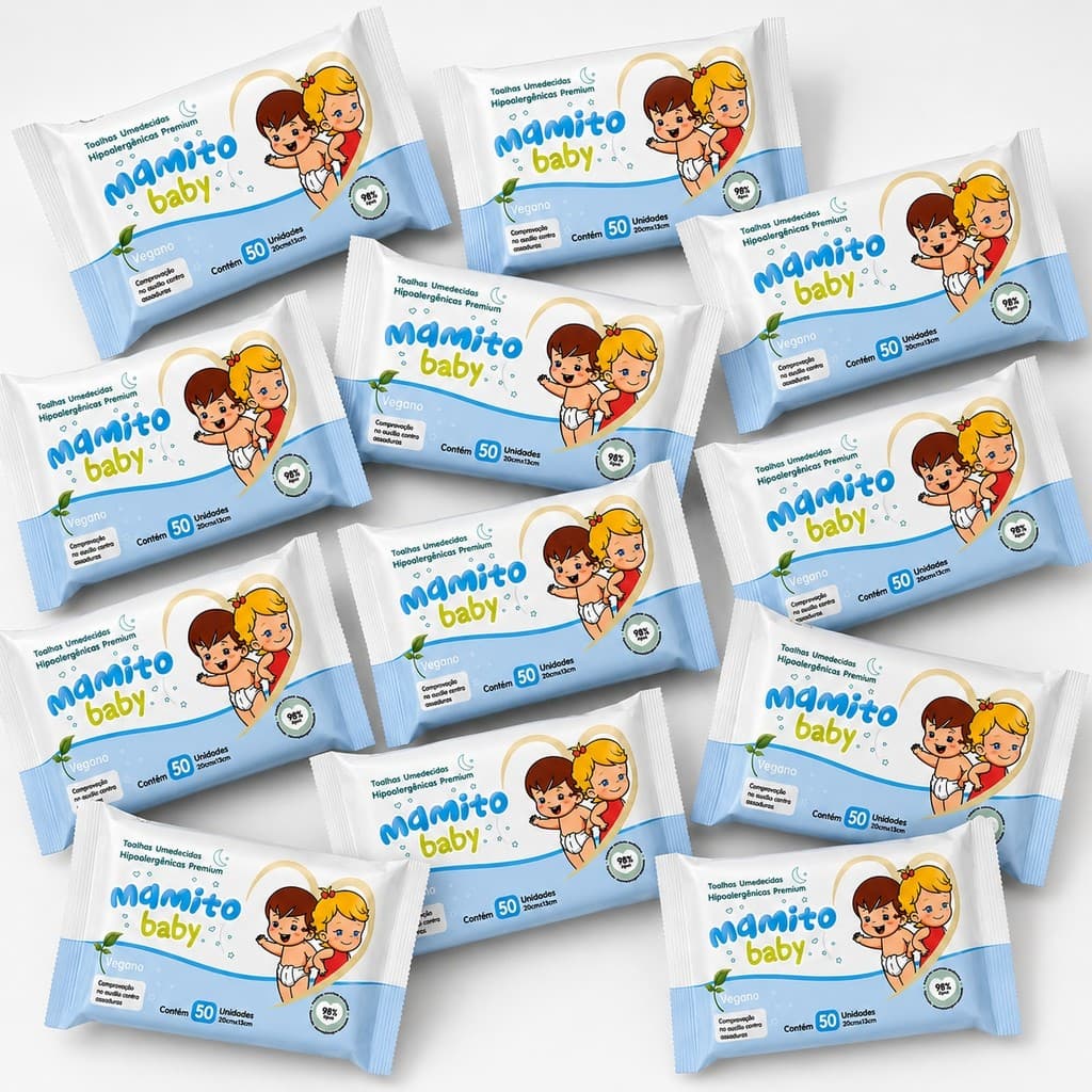 Kit 12 Lenços Umedecido 50 Folhas - Limpeza Suave Hidratação Pele Sensível Bebê - Mamito Baby