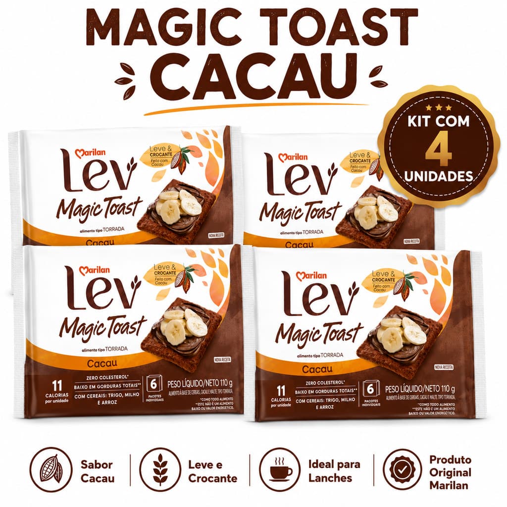 Magic Toast Marilan Cacau Torrada Crocante Snack Saudável Baixa Caloria Lanche Leve Integral
