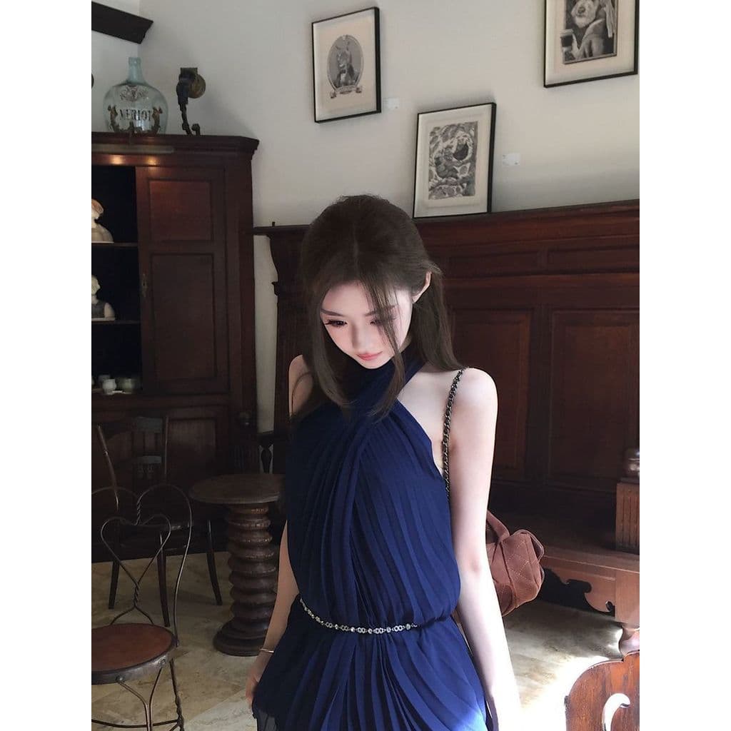 [Sabor Coreano Antigo] Vestido Halterneck Feminino Verão Vestido Azul Vestido Azul Plissado Vestido de Uma Peça Saia