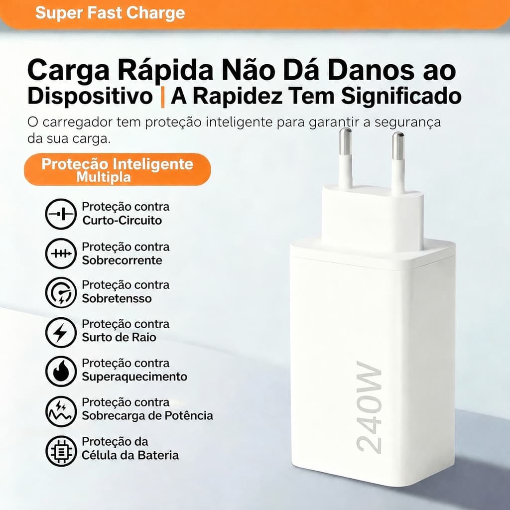 Carregador original de 240 W para carregamento super rápido, compatível com todos os modelos de celular