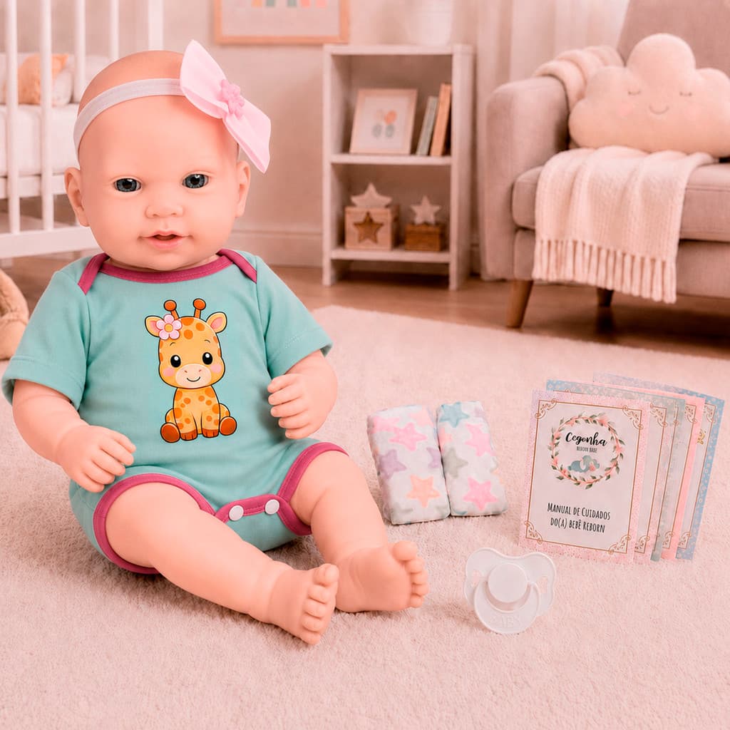 Boneca Bebê Reborn Realista Articulada Com Kit Itens Girafa
