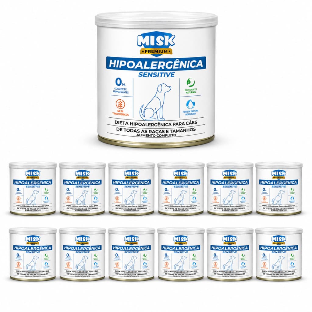 Combo Kit 12 Latas Ração Úmida Misk Cachorro com Alergias Hipoalergênica Diet Hypoallergenic Cães