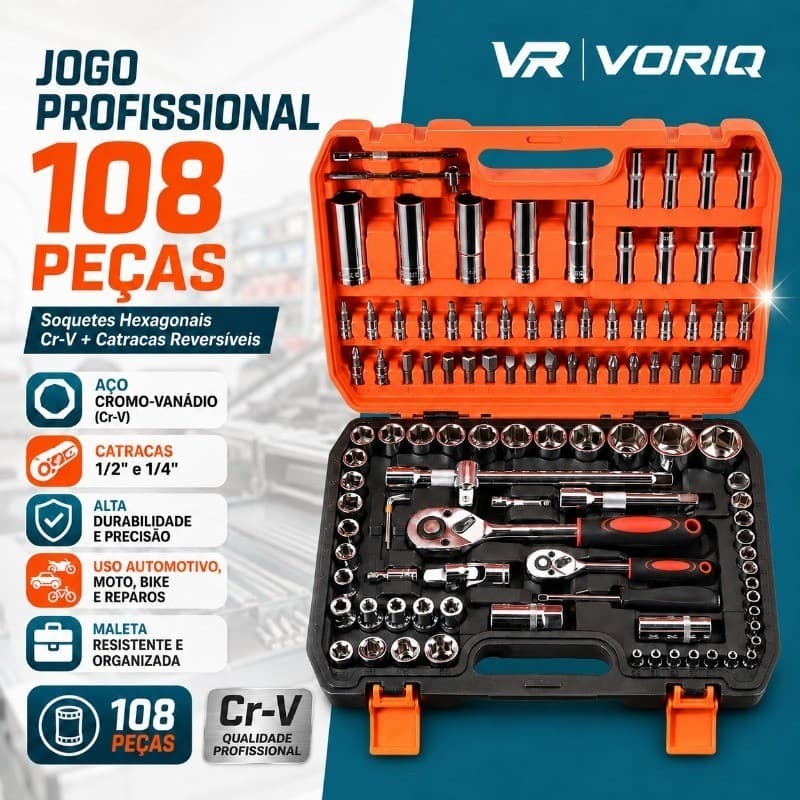Jogo De Ferramentas Soquete CRV 108 Peças Sextavado Catraca Chave Reversível Maleta Multi-função Profissional