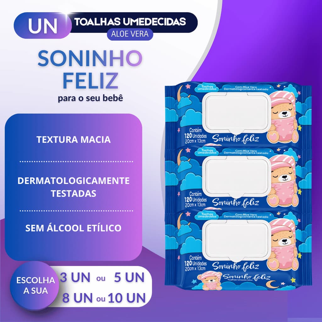 Kit Lenço Umedecido Soninho Feliz 120un Toalha Umedecida Para Higiene Diária Bebê e Casa 360un a 1200un