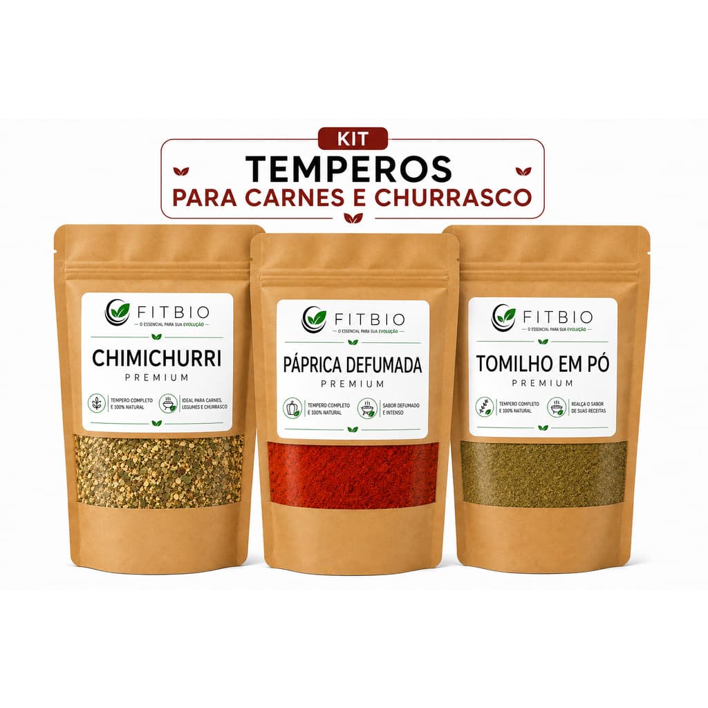 Kit Temperos para Carnes e Churrasco300g  – Chimichurri sem pimenta, Páprica Defumada e Tomilho em pó (100g de cada)