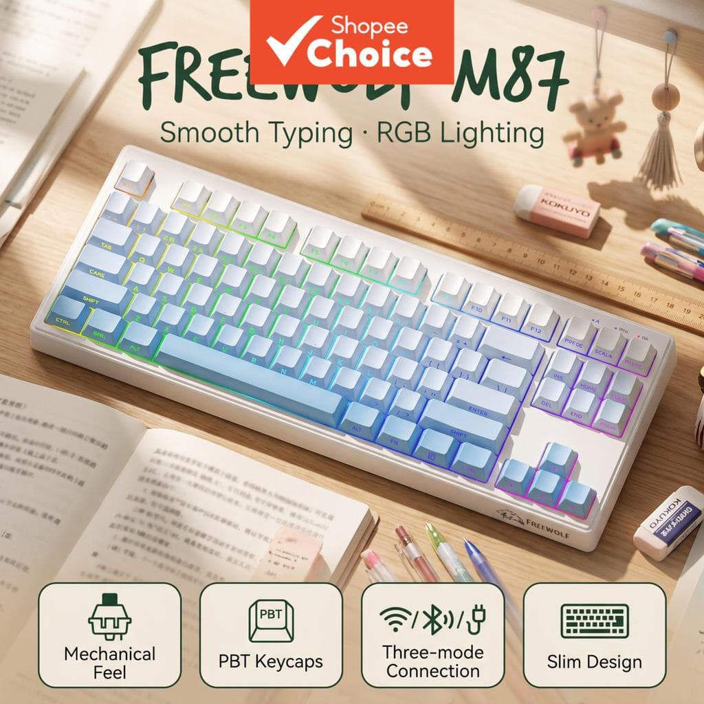 Teclado mecânico para jogos FREEWOLF M87 V2, teclado numérico 87 teclas, tri-modo BT 2.4G Tipo-C com fio 1,5M RGB背光