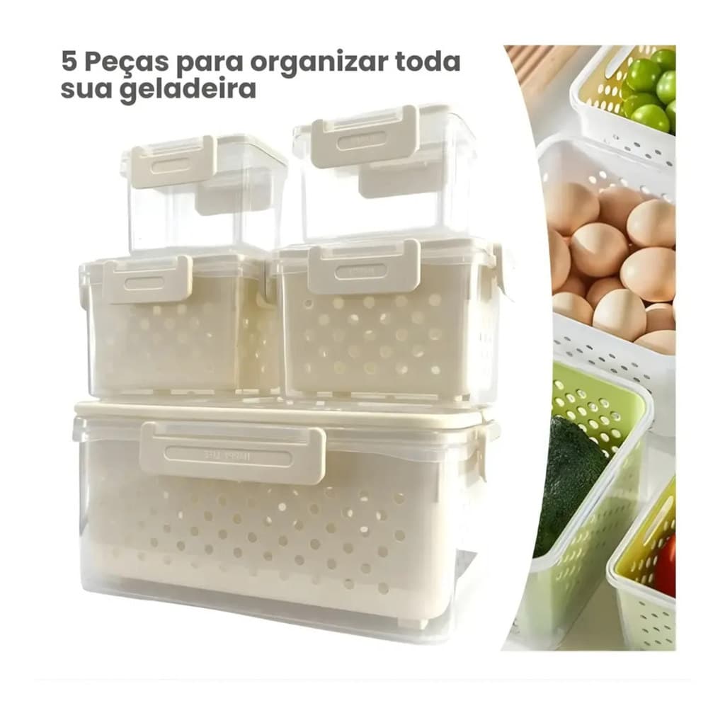 Kit 5 Organizadores de Geladeira Caixa Organizadora Cesto Empilhável Multiuso Cozinha