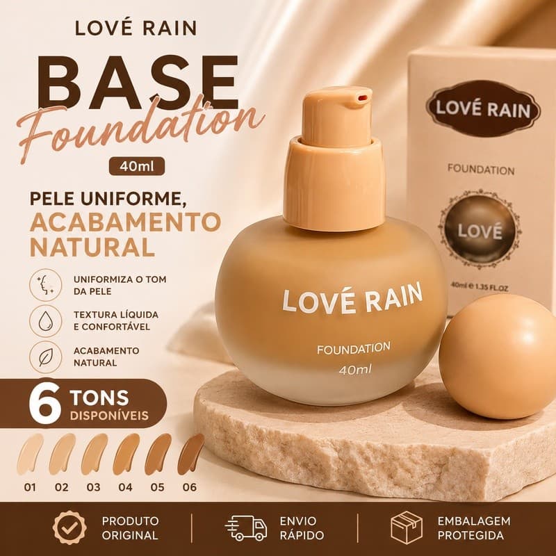 Base Líquida Love Rain Foundation 40ml Alta Cobertura Acabamento Natural 6 Tons | Maquiagem Beleza