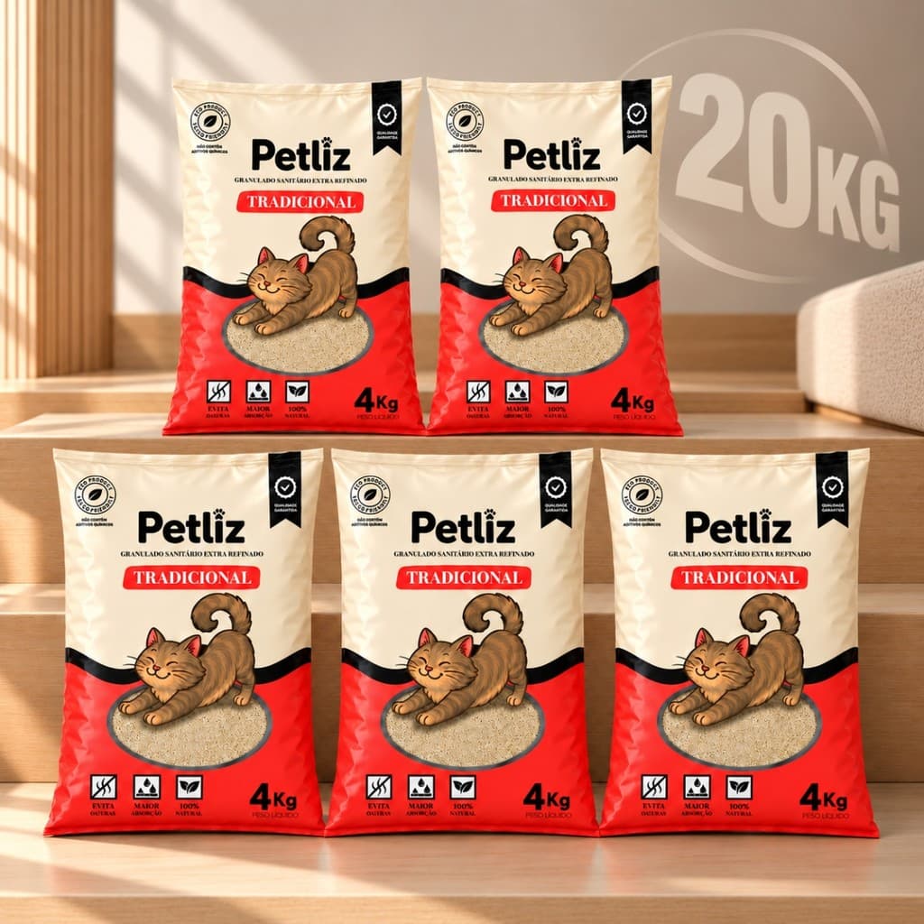 Kit 5 Areias Sanitárias Tradicionais Extra Refinadas para Gatos 4kg – Total 20kg