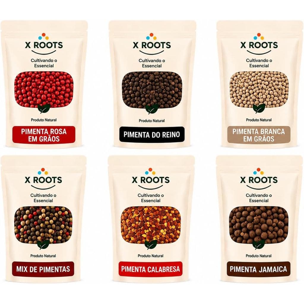 Kit de Pimentas Premium X Roots – Pimenta Rosa, Reino, Branca, Mix de Pimentas, Calabresa e Jamaica – Temperos Gourmet p