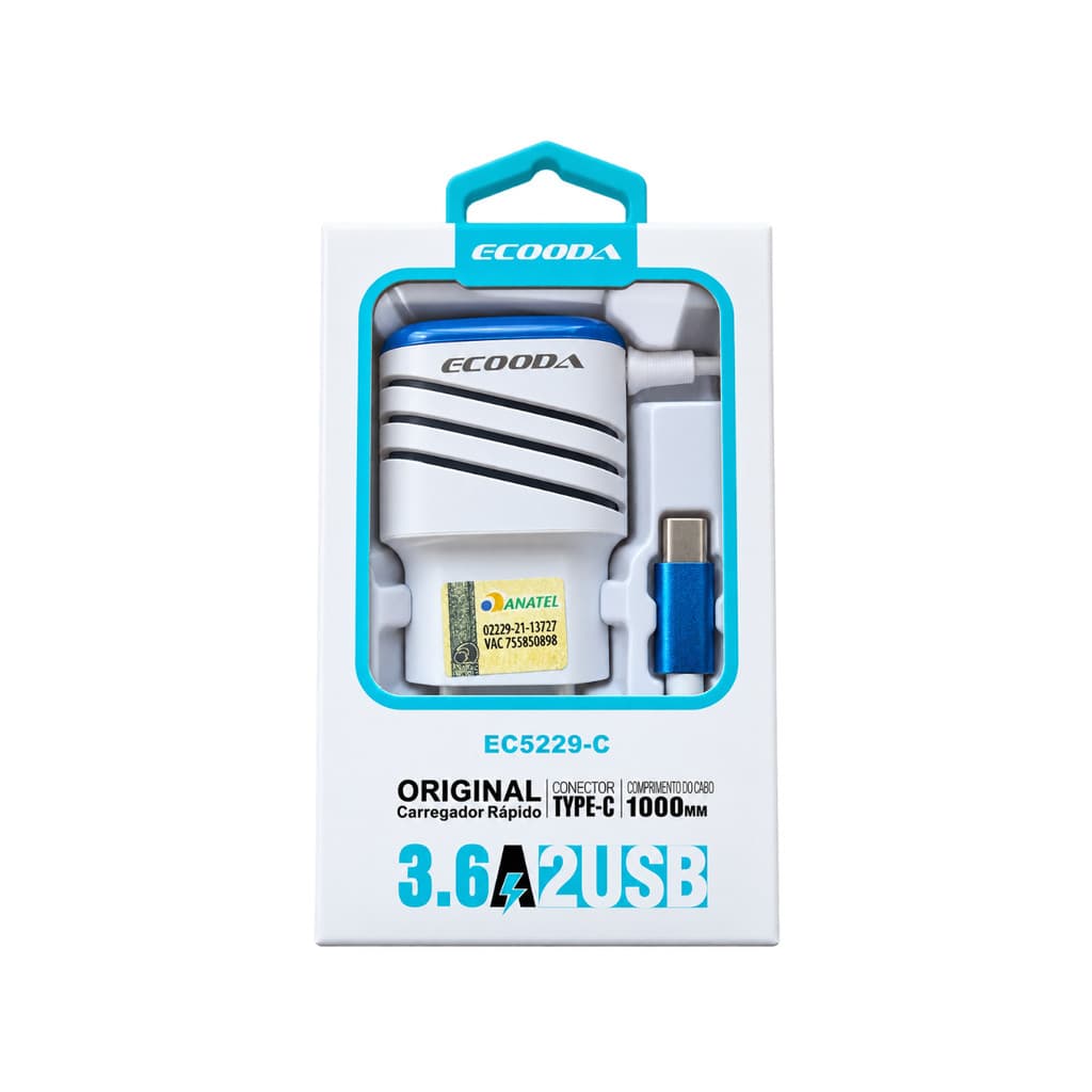 Carregador Turbo Rápido 3.6A Bivolt com 2 Portas USB e Cabo Tipo C 1 Metro para Celular