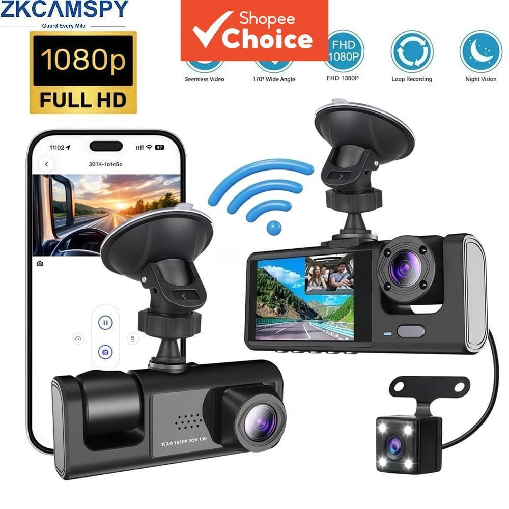 DVR para Carro WiFi com 2/3 lentes Câmera Veicular Gravador de Vídeo Frontal e Traseira Câmera Visão Noturna Dashcam
