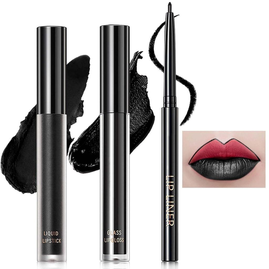 Conjunto de 3 Peças de Batom Líquido Matte Preto e Delineador Labial, Batom Matte de Alta Pigmentação, Conjunto de Delin
