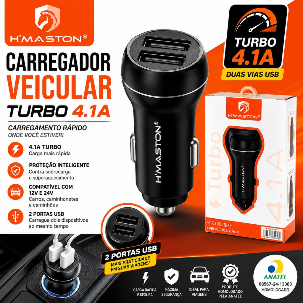 Carregador Veicular H'Maston Turbo 4.1A USB Universal Carga Rápida Para Celular Android e iPhone