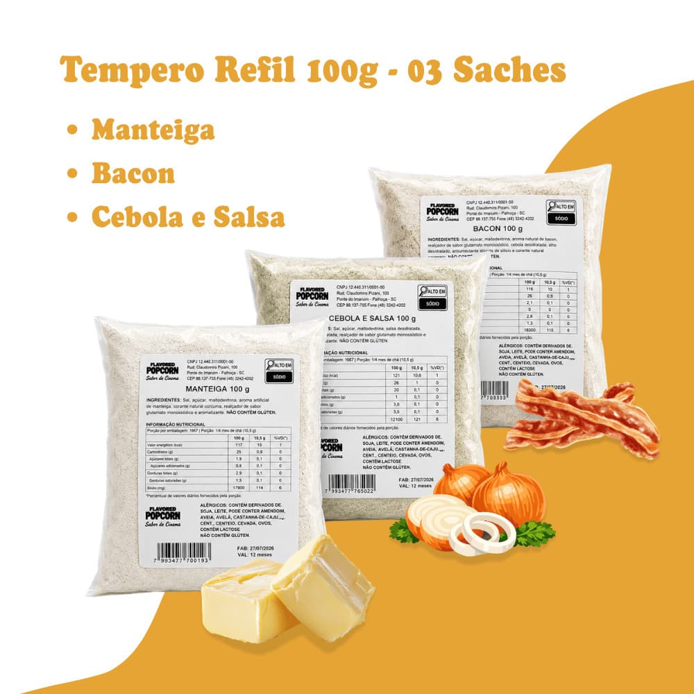 Kit 3 Refil Tempero Para Pipoca 100g - Manteiga, Bacon e Cebola e Salsa