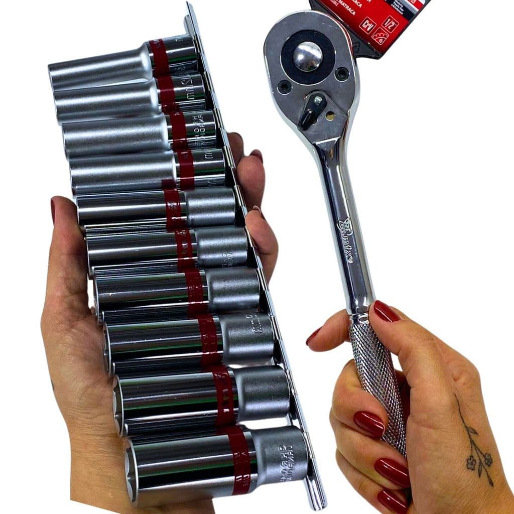 Kit Jogo De Soquetes Sextavados Longos 1/2 + Chave Catraca