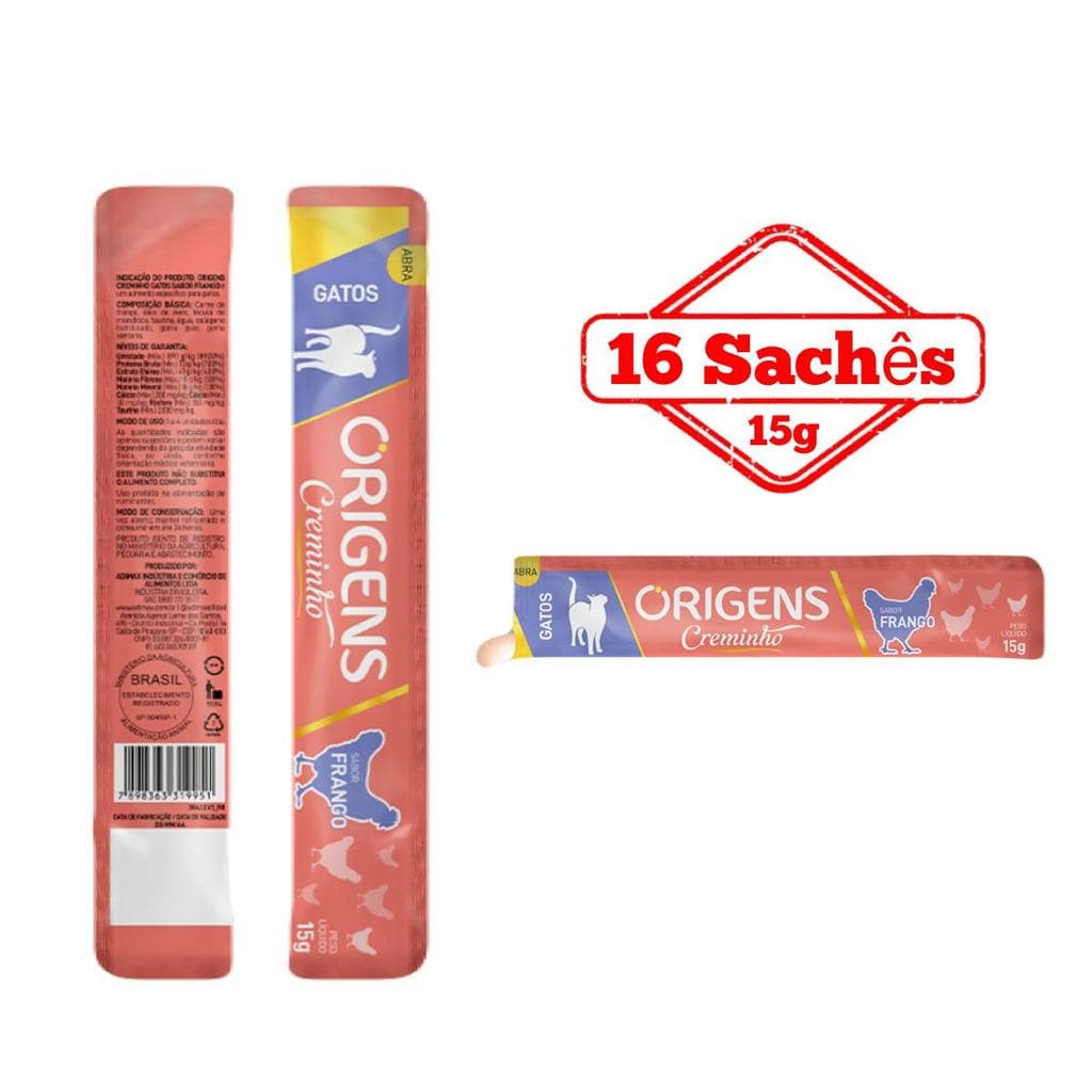 Petisco Cremoso Para Gatos Origens Creminho Snack Saudável Premium Sabor Frango 15g 16 Un.