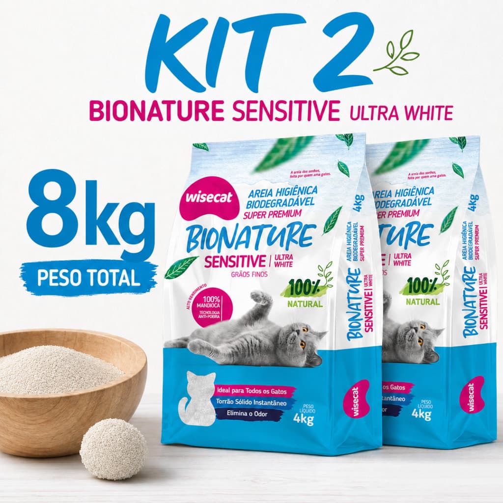 Kit 2 Areia Sanitária De Mandioca Grãos Finos Para Gatos Biodegradável Wisecat 8kg