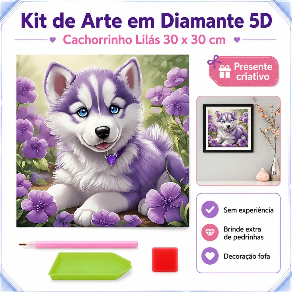 Pintura de Diamante 5D Cachorro Fofo e Calmante 30x30cm, Kit DIY para Parede