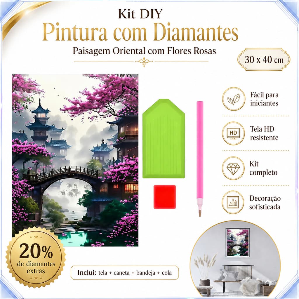 Kit Pintura de Diamante 5D Pavilhão Antigo e Ponte Florida 30x40cm, Quadro DIY com Ferramentas Completas