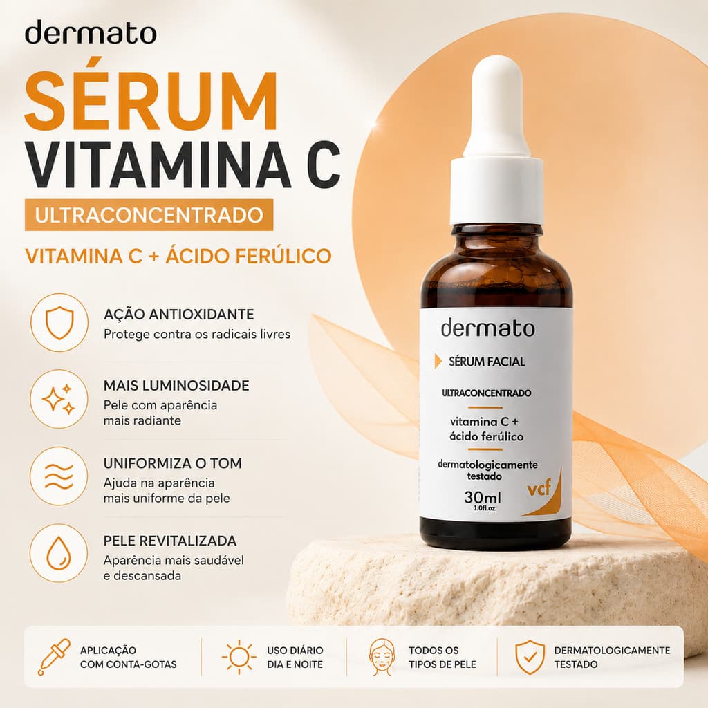 Sérum Facial Vitamina C 30ml | Ácido Ferúlico | Antioxidante, Luminosidade e Uniformidade da Pele