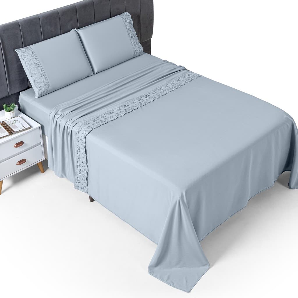 Jogo de Cama Micropercal 400 Fios Bordado Inglês Solteiro Casal Queen King Lençol com Elástico Fronhas Elegantes Premium