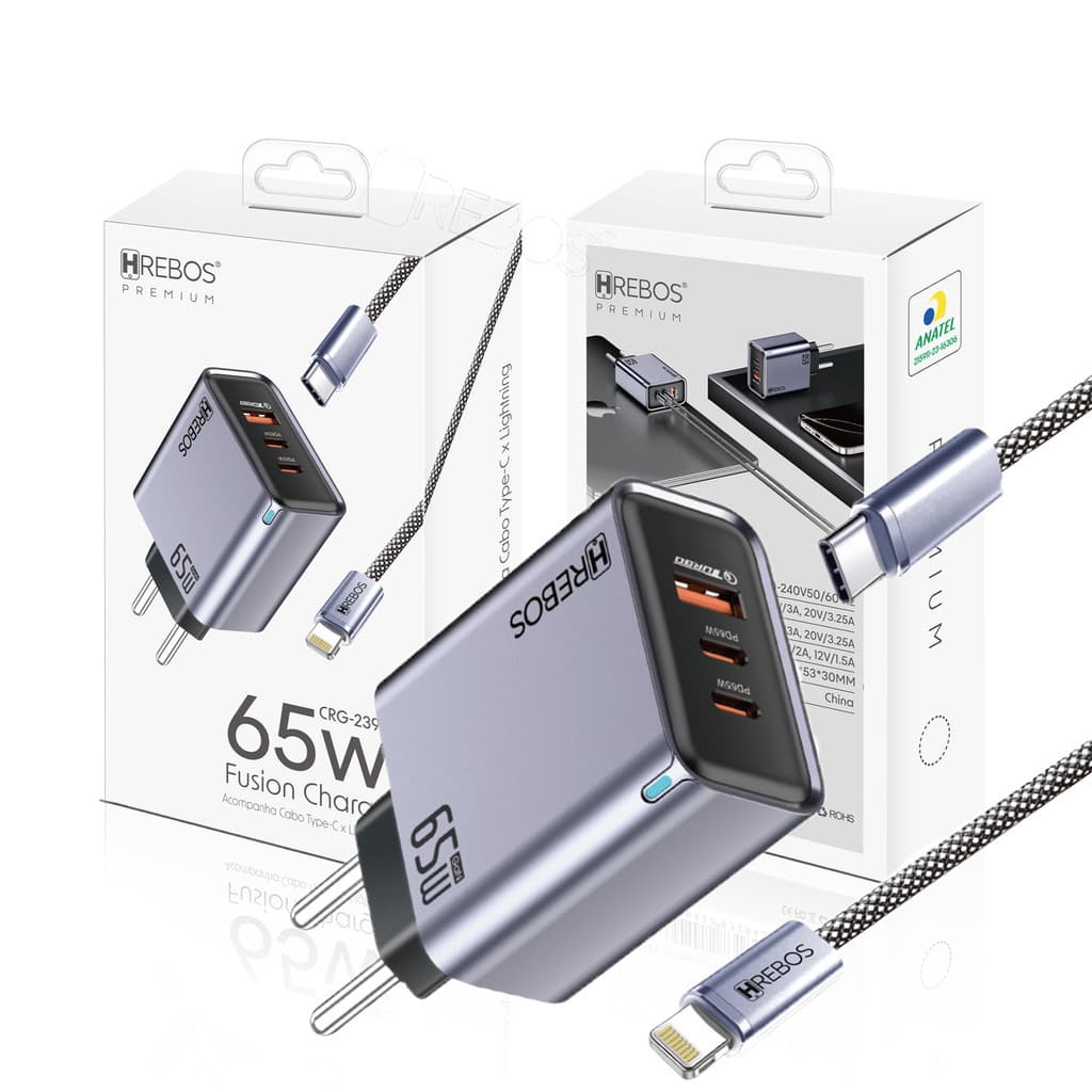 Hrebos Kit Carregador Rápido 65W 3 Portas 2 USB-C 1 USB-A Cabo Lightining com Celulares Tablets e Notebooks