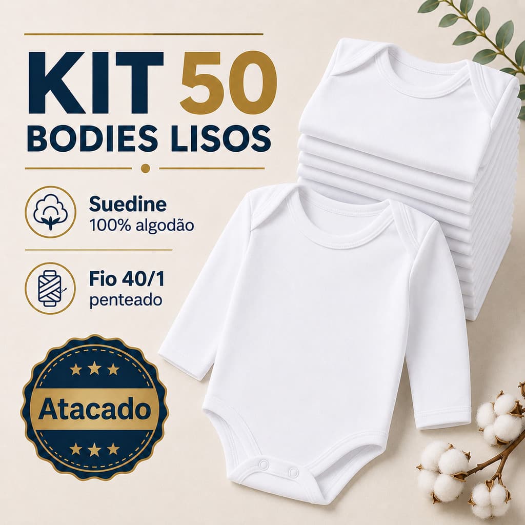 Kit 50 Body Bebê Longo Enxoval Atacado 100% Algodão Suedine Penteado