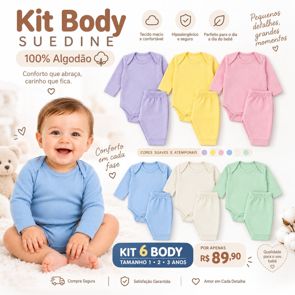 Kit 6 Peças Roupa de Bebê Body Manga Longa e Calça Menino e Menina Sortidos Tam 1 2 e 3 Algodão Macio Enxoval