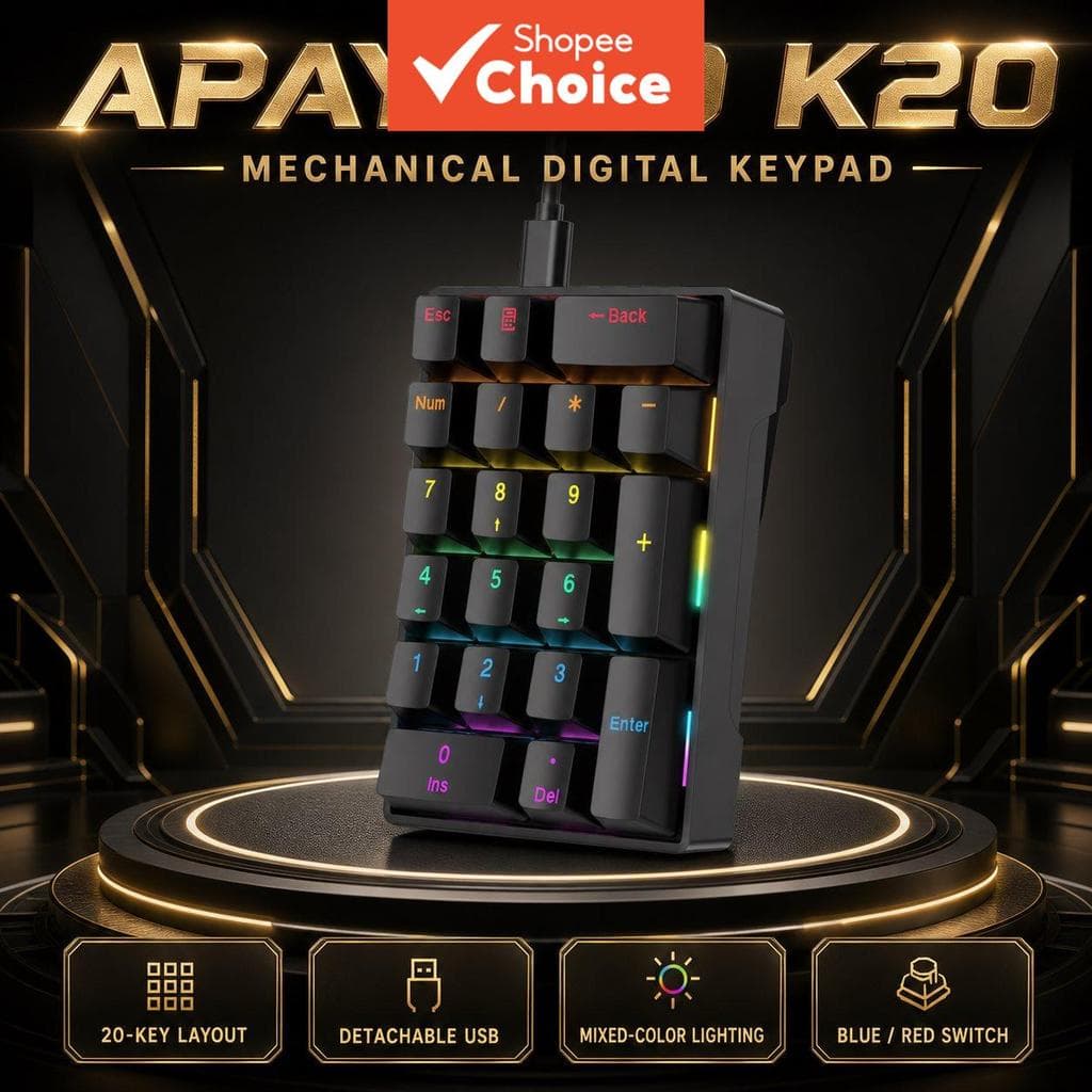 Teclado Mecânico Digital com 20 teclas, 150 g de peso, dimensões de 118 x 80 x 41 mm e cabo de 1,5 metros