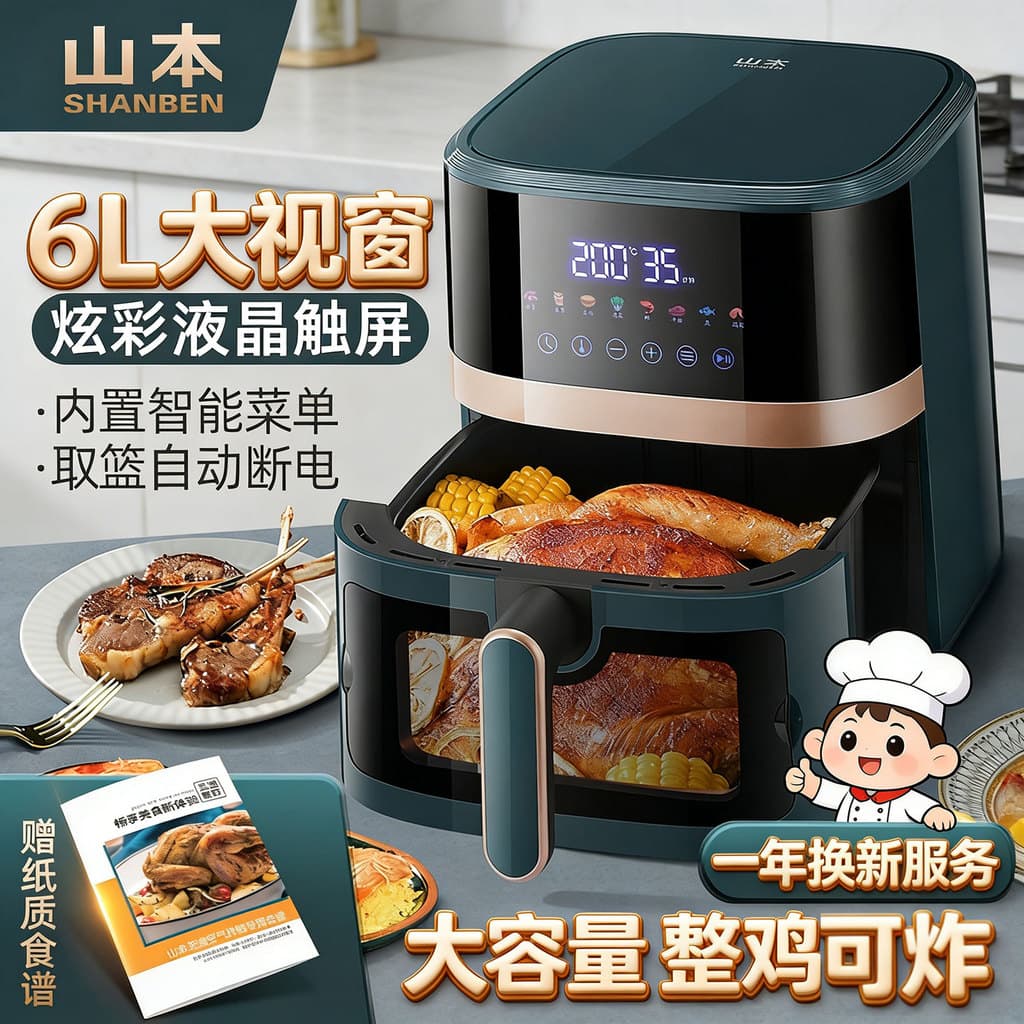 Yamamoto fritadeira de ar doméstica novo estilo forno 6L grande capacidade inteligente sem óleo multifuncional automátic